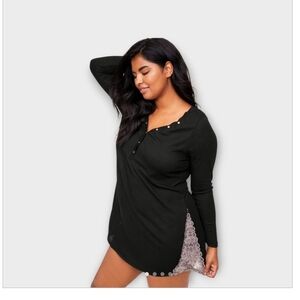 NWT Adore Me Black Ribbed Taupe Lace Trim Sleep Shirt ~sz S